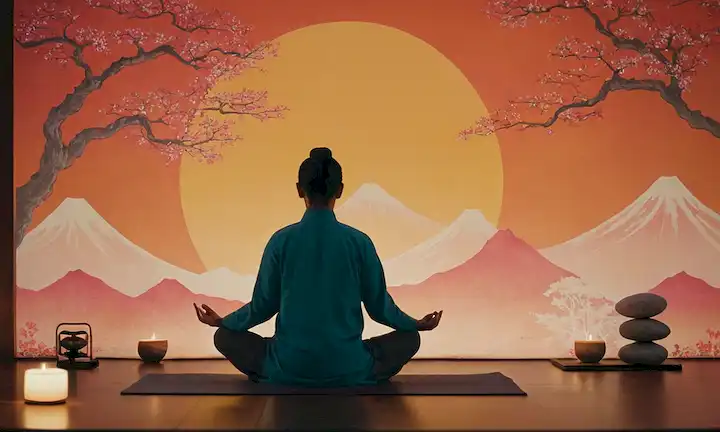 Una persona meditando pacíficamente junto a ilustraciones de estilo japonés que esbozan el método de 5 pasos.