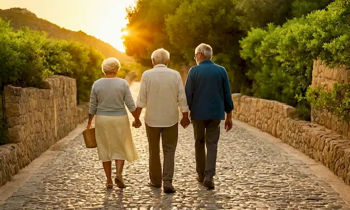 Una pareja de ancianos agarrando las manos mientras camina sobre un camino de piedra caliza rodeado de árboles verdes y mar azul al atardecer. La frase en español dice: Vivir en España: El país con más ovejas por persona.
