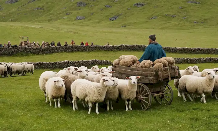 Una gran multitud se reunió alrededor de un agricultor vestido de tradicional garbatilla islandesa con carro lleno de ovejas. El paisaje rural de la nación de la isla.