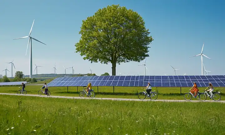 Campos verdes, cultivos, paneles solares, turbinas eólicas, cielo azul, gente sonriente, árboles, reservas naturales, bicicletas, paisajes urbanos, edificios futuristas, fuentes de energía renovable, espacios verdes, vida silvestre, desarrollo sostenible, banderas de la UE, globo terrestre, redes interconectadas, manos que se sostienen entre sí