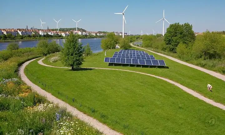 Campos verdes, turbinas de viento girando, paneles solares brillando, gente ciclismo, paisaje urbano con techos verdes, contenedores de reciclaje, un río que fluye libremente, un jardín floreciente, árboles balanceándose, un cielo azul y un paisaje soleado