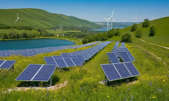 3 árboles verdes creciendo junto con un fondo azul del cielo, paneles solares interconectados y turbinas eólicas en primer plano, rodeado de colinas rodantes con flores silvestres, un lago o río que fluye a través de él, con un paisaje urbano sutil a la distancia, transportando sostenibilidad y armonía entre la naturaleza y la tecnología