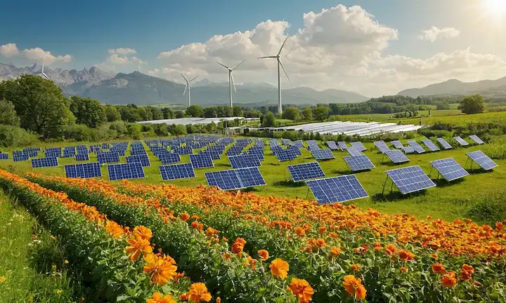 Un paisaje verde con un paisaje urbano en la distancia, con paneles solares y turbinas eólicas, rodeado de flores florecientes, árboles y un cielo azul claro, con un e<center><img data-lazyloaded=