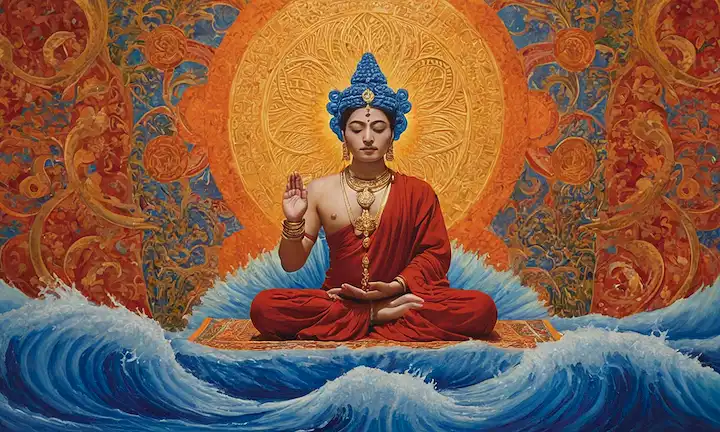 Una figura meditando ondas onduladas en la cima, clavándose una variedad de materiales que representan técnicas de arte en formas tradicionales y modernas. Tal es una representación de la filosofía encapsulada por Un Arte para la Reflexión de Ultramaro: Místico del Color, Chamán de la Pintura - An Art for Reflection of Ultramarine: Mystic of Color, Chaman of Pintura.