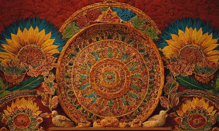Una obra de arte con tonos vibrantes y detalles intrincados que muestran la esencia del color y la creatividad en las formas artísticas tradicionales. (Título asumido basado en palabras clave de su consulta; podría no ser exacto si se traduce directamente.)