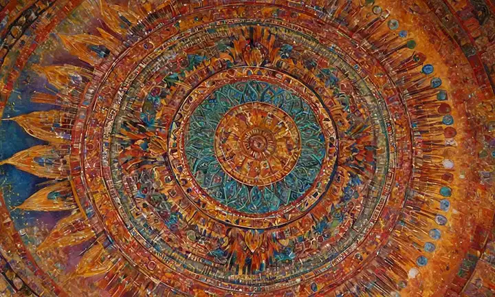 Colorido Arte Shamanic Explorando las Dimensiones de la Realidad: misteriosa obra maestra Crónica la belleza enigmática de la pintura. (una breve sinopsis o título sugerido para una descripción más detallada)