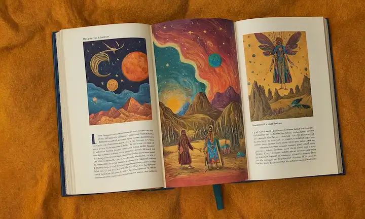 Una página colorida con texto superpuesto que lee Mensajeros del Inconsciente de Ultramaro: Místico del Color, Chamán de la Pintura, una frase en español referida a mensajeros del inconsciente de otro mundo en un misterioso universo. Representación artística o ilustración con criaturas fantásticas y visiones celestiales en la página tres de un libro ilustrado llamado Las Figuras Oníricas.
