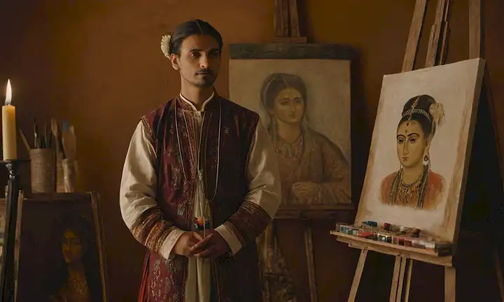 Persona en vestido tradicional antiguo de pie junto a un caballete, conteniendo varios materiales de pintura y dibujo. El título se presenta en letra audaz a su lado.