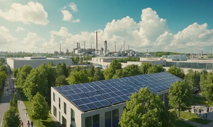 Paisaje urbano 3D con edificios y árboles verdes, paneles solares en tejados, fábricas que emiten anillos de humo en el aire, gente caminando o ciclismo en primer plano, cielo azul brillante con nubes blancas
