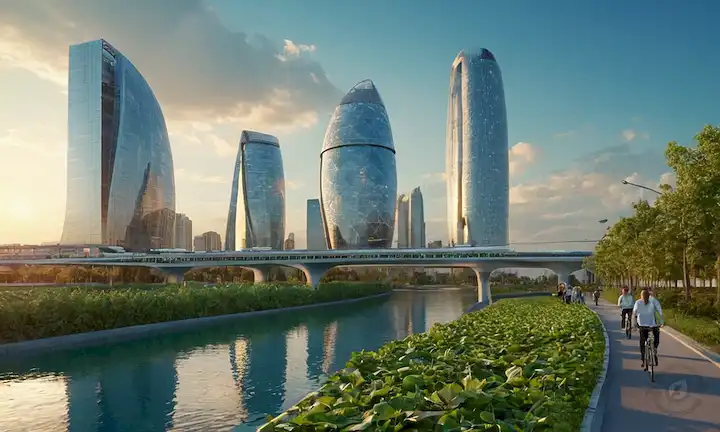Edificios 3D, vegetación, paisaje urbano al atardecer, puentes que conectan, skyline futurista, rascacielos con paneles solares, gente caminando o ciclismo, un cielo azul con sol/clouds, un río/pond con plantas de agua, una carretera con vehículos eléctricos, un fondo con iconos de infraestructura sostenible