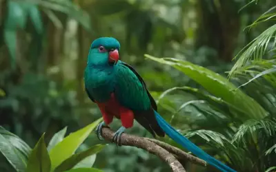 Un vibrante quetzal encaramado en un exuberante follaje tropical