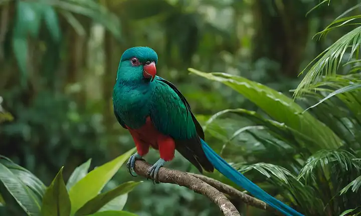 Un vibrante quetzal encaramado en un exuberante follaje tropical