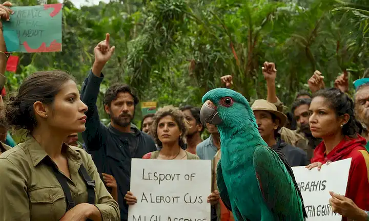 Un colorido perche quetzal junto a conservacionistas que sostienen señales de protesta para concienciar sobre peligros amenazantes.