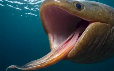 Una ilustración colorida de la lamprea parasitaria que se come en una lengua de peces