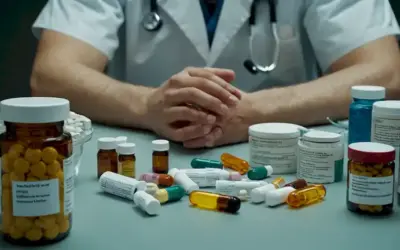Un médico rodeado de diversos medicamentos