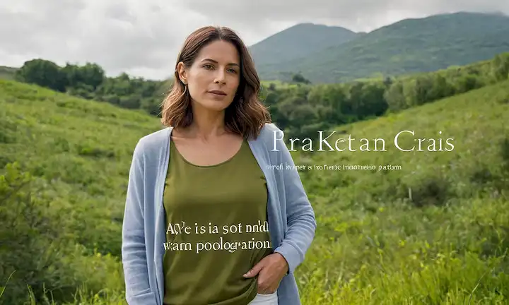 Mujer con ropa ecológica con un paisaje verde como telón de fondo. El texto aparece inscrito en su prenda, lo que significa su impacto ambiental y colaboración con la defensora de sostenibilidad Paula Ulargui. El título denota un artículo de moda que explora la producción de ropa biodegradable, con Cristina Pedroche y Paula Ulargui atribuidos por sus contribuciones en este campo.