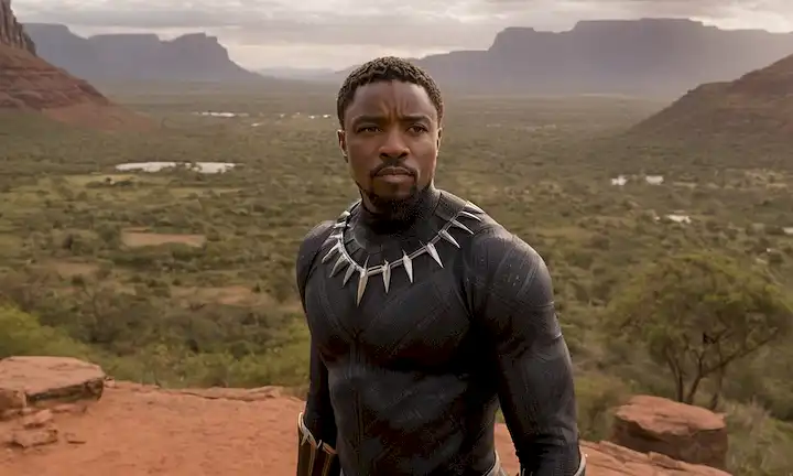 Un guerrero Wakandan, TChalla, en la realia completa de Pantera Negra, rodeado de vibrantes patrones y paisajes africanos.