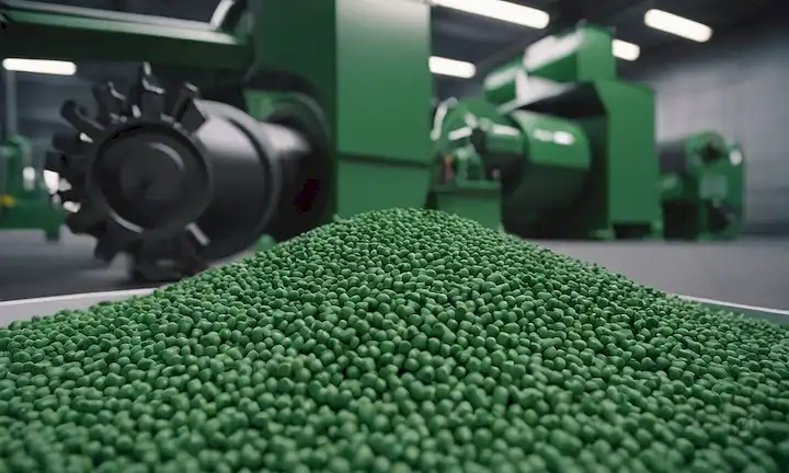 ilustración 3D de pequeños pellets cilíndricos, entornos industriales con cintas transportadoras o contenedores de almacenamiento en el fondo, tal vez alguna maquinaria o engranajes para el contexto, y un toque de eficiencia energética o tema de sostenibilidad, posiblemente con acentos verdes o azules