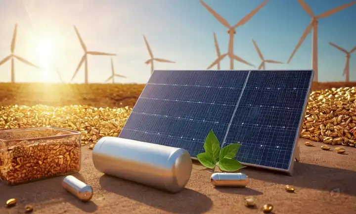 ilustración 3D de un pequeño pellets de plástico rodeado de productos ecológicos, luz solar cálida y símbolos de energía sostenible, con fuentes de energía renovables como turbinas de viento o paneles solares en el fondo