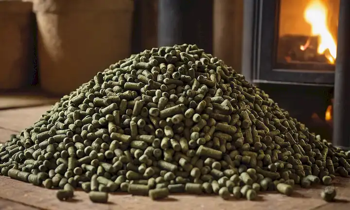 Una pila de pellets de biocombustibles compactos y cilíndricos con diferentes tamaños y colores, en un fondo rústico, quizás con una estufa de leña o un entorno de granja, transportando sostenibilidad e independencia energética