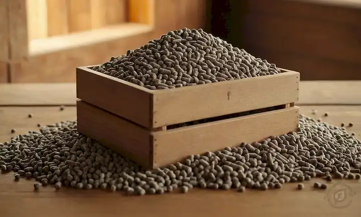 Pellets de madera en varios tamaños, apilados y apilados en una caja o contenedor, con algunos derramando sobre una superficie de madera, posiblemente con un fondo rústico, y la luz natural cayendo a través de la escena,