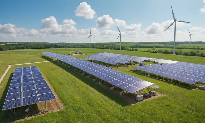 3D rendering of a solar panel farm with rows of photovoltaic panels, pellets being generated and stored in small cylindrical containers, wind turbines spinning in the background, green landscape, blue sky with sun bright, modern buildings in the distance, people walking towards the energy source