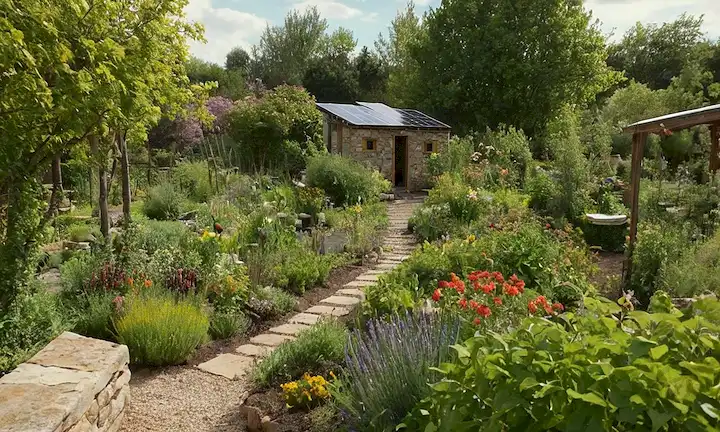Un exuberante jardín con diversas plantas, un camino serpenteante, un árbol frutal, una colmena de abejas, una cuna de pollo, paneles solares, cosecha de agua de lluvia, paredes de piedra natural, vides y follaje, un estanque o agua característica, una variedad de flores y hierbas, paisajes comestibles