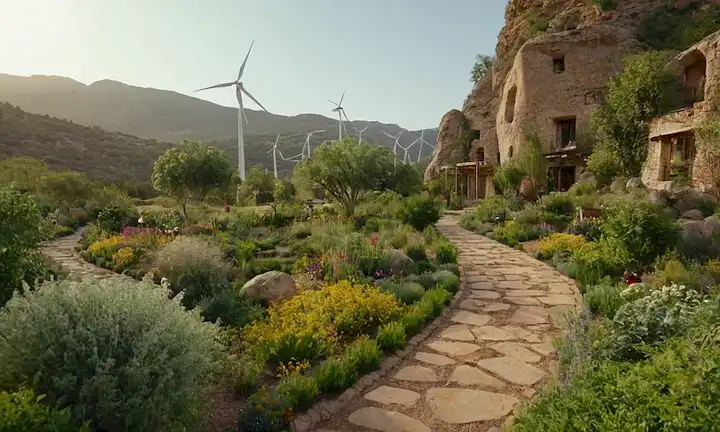 exuberante vegetación, árboles interconectados, diversa fauna, caminos de viento, formaciones de roca naturales, parcelas de granja orgánica, paneles solares, turbinas eólicas, fuentes de energía renovable, colores terrenales, formas caprichosas, follaje abundante, ambiente sereno, integración armoniosa con la naturaleza, arquitectura sostenible, diseño permacultivo inspiración