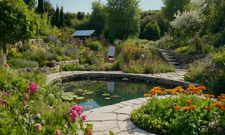 exuberante jardín con diversas plantas, caminos de enrollamiento, paneles solares, abejas, mariposas, floración de flores, paredes de piedra natural, área compuesta integrada, pequeño estanque, techo vivo, frutas comestibles, colores vibrantes, armonía ecológica