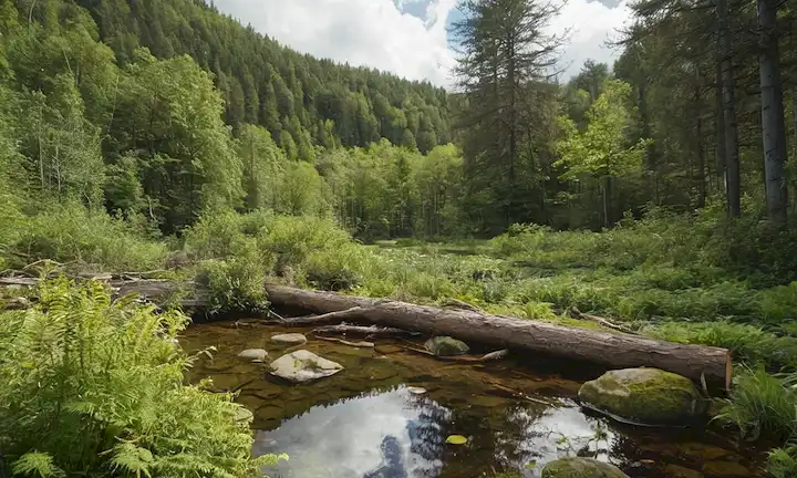Un frondoso suelo de bosque con plantas entrelazadas, un pequeño estanque y estructuras naturales como troncos o rocas, con diversas especies coexistiendo armoniosamente, rodeado de vegetación vibrante y cielo con nubes suaves, evocando un sentido de serenidad y equilibrio