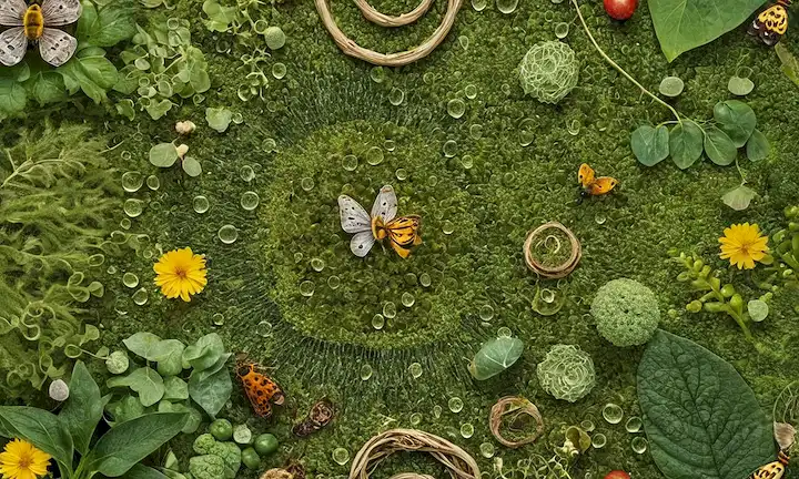 Greenery, plantas, árboles, tonos terrenales, círculos interconectados, patrones naturales, gotas de agua, insectos, abejas, mariposas, flores, hojas, ramas, viñas, frutas, verduras, luz solar, suelo, raíces, microorganismos, hongos, fibras naturales, materiales orgánicos, diseño sostenible, ecológico, ambientalmente consciente
