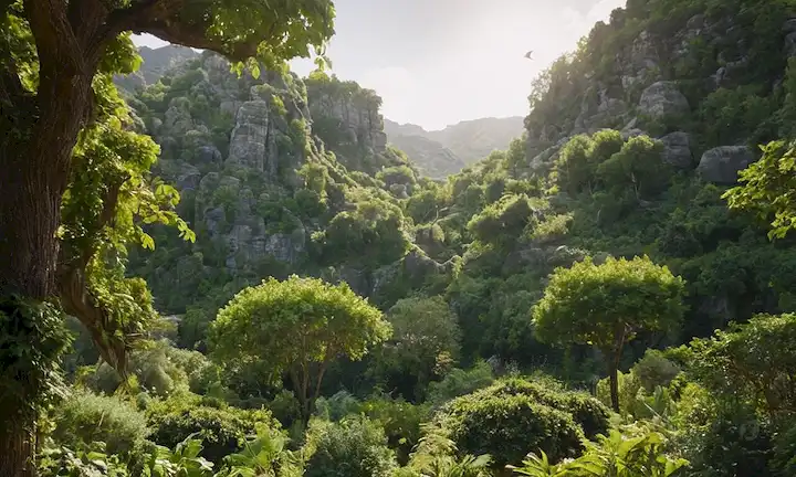 Un vibrante paisaje forestal con diversos árboles, vegetación exuberante y una variedad de plantas, con elementos interconectados como arbustos, viñas y perchas de frutas para aves, rodeados de formaciones de piedra natural, con la luz solar filtrando a través del follaje
