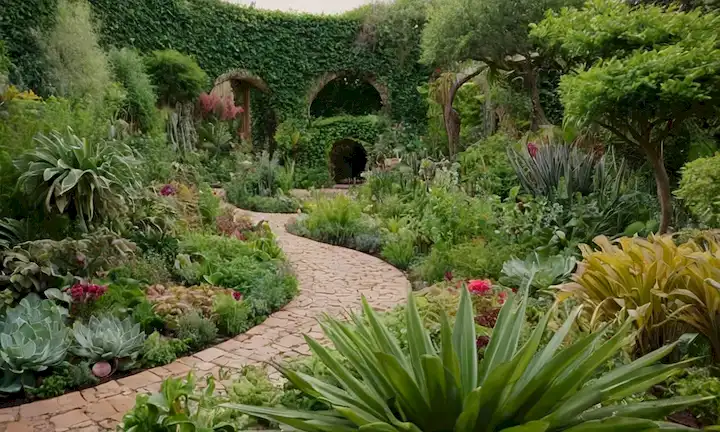 Jardín visbrant, plantas interconectadas, diversas especies, vegetación exuberante, patrones circulares, formas naturales, formas geométricas, tonos terrenales, diseño caprichoso, curvas orgánicas, relaciones simbióticas, vida floreciente