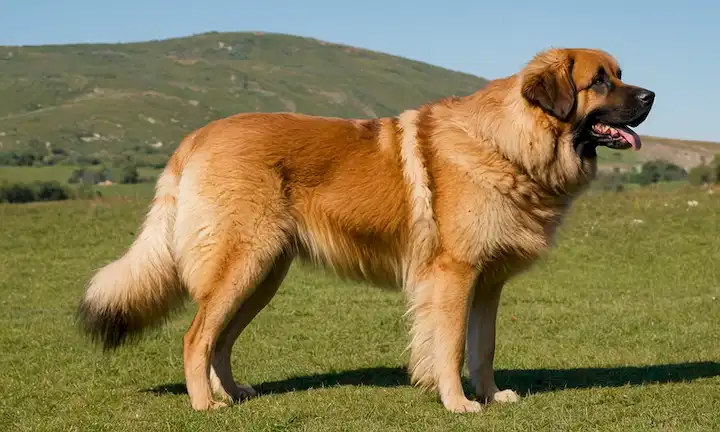 Glorioso perro dorado de pie majestuosa y con una naturaleza suave y amigable que cautiva a todo el mundo que conoce - una representación de la querida raza Leonberger de las 5 Razas de Perro Más Grandes serie. (Traducción literal a cinco razas de perros más pesadas en inglés).