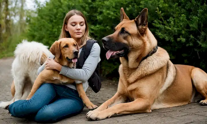 Persona sentada tranquilamente con un gigantesco perro en el brazo, posiblemente de las cinco razas de perros más grandes mencionadas.