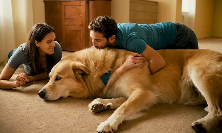 Pareja amante del perro jugando con perros furtivos gigantes. Expresan afecto hacia estas magníficas criaturas y su naturaleza familiar, simbolizada por los perros que protegen colectivamente contra las amenazas potenciales. La mención de Las 5 razas de perro más grande añade un elemento de asombro y fascinación a esta escena.