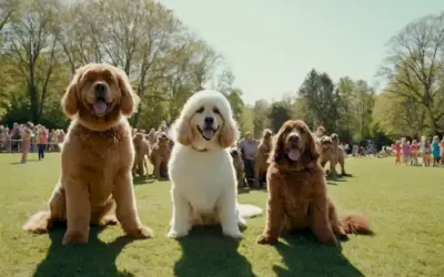 Un grupo de gigantes con trajes de perro en un día soleado en el parque. Las imágenes están yuxtapuestas con imágenes de perros gigantes compitiendo en un curso de obstáculos