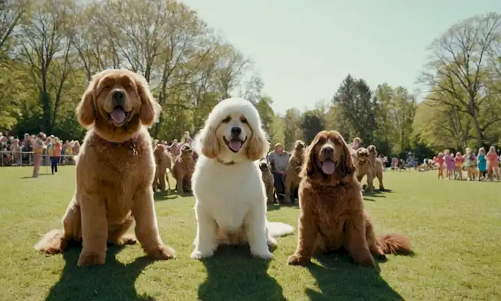 Un grupo de gigantes con trajes de perro en un día soleado en el parque. Las imágenes están yuxtapuestas con imágenes de perros gigantes compitiendo en un curso de obstáculos