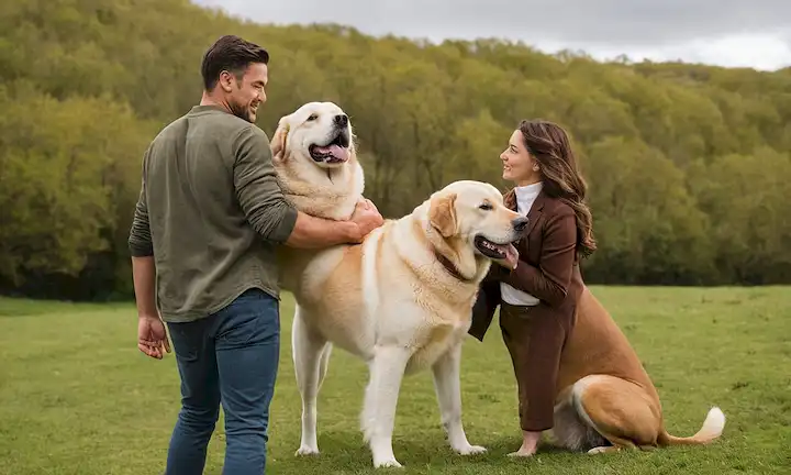 Una pareja amorosa sosteniendo orgullosamente su raza de perro grande con una muestra épica de afecto. La imagen muestra una gama de razas de perros gigantes, cada una mostrando sus características únicas y hermosas. Un telón de fondo significativo para la imagen podría ser un paisaje pintoresco panorámico o un paisaje urbano en el que los perros están caminando con sus corazones llenos de amor, creando un poderoso vínculo compartido entre la pareja y las 5 razas de perros más grandes que la vida. El texto Un amor incondicional de gran tamaño (Un amor de gran corazón) está escrito dentro del marco para mayor énfasis.