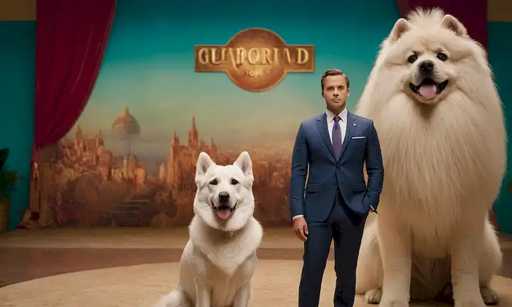 Hombre vestido con atuendo formal y de pie junto a un perro grande, con ojos grandes en un entorno abstracto. El texto se refiere a una raza de caninos grandes y leales procedentes de cinco países diferentes.