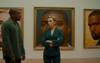 Artistas introspectivos que reflejan su proceso creativo mientras se presentan ante dos obras de arte distintas. (Esto se basa en un título proporcionado - tengo que asumir que los temas fueron Scarlett Johansson y Kanye West considerando el contexto.)