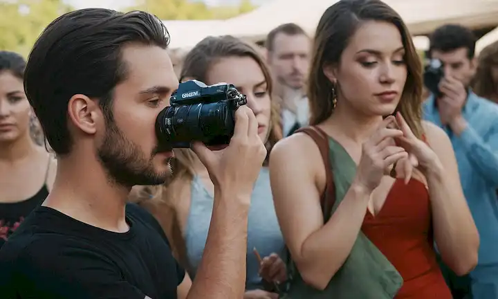 Personalidades intensas creando arte poderoso frente a una multitud con lentes de cámara añadiendo profundidad. Artistas potenciales que muestran sus estilos únicos y sensibilidad a través de diversos medios como pintura, escultura o performance musical.
