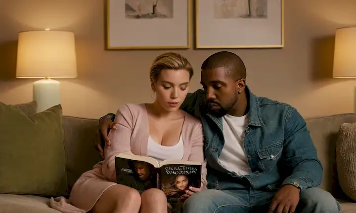 Mujer leyendo un libro con el título Más allá de los Erotófilos: El Secreto Creativo de Scarlett Johansson y Kanye West., mientras su pareja está sentada junto a ella en el sofá. El entorno de la habitación incluye su arte personalizado, y el esquema de color es predominantemente tonos pasteles. La habitación está adornada con muchos elementos excepto algunas fotos personales o recuerdos de un viaje que tomaron juntos. Ambos están comprometidos a leer el libro con pasión e intensidad.
