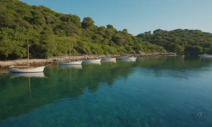Una costa serena con veleros y botes de pesca tradicionales rebotando suavemente en aguas tranquilas, rodeada de exuberante vegetación, cielos azules, escuelas de natación de peces a la distancia, una cálida luz del sol que brilla, un sentido de paz y tranquilidad