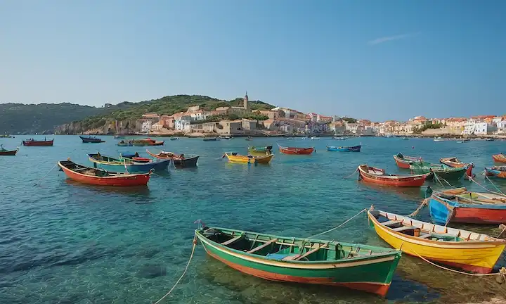 Barcos de pesca coloridos en aguas tranquilas, escuelas de natación de peces junto, redes y cuerdas dispersas, pequeñas islas o ciudades costeras en el fondo