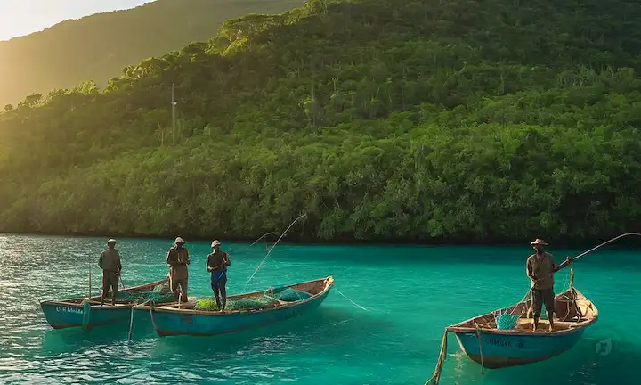 3 pescadores de pie en pequeños barcos al atardecer, con redes de pesca, rodeados de exuberante vegetación y aguas turquesa, con un toque de fuentes de energía sostenible como paneles solares o turbinas de viento en el fondo