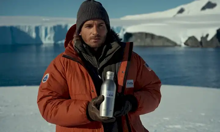 Persona usando una parka Antártica, sosteniendo una botella con líquido que no es hielo. El subtítulo dice su historia sobre la adaptación a las condiciones extremas y las maravillas de las proteínas. (Nota: Si usted ha visto esta descripción completamente, sería considerado demasiado detallado o largo, así que la mantuve extremadamente breve).