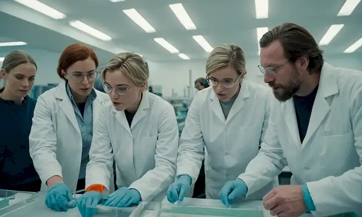 Un grupo excitado de científicos trabajando duro en una instalación de investigación ártica, rodeado de un amplio campo de estudio que explora las adaptaciones únicas de un tipo especializado de pescado y aspectos notables de la química de proteínas.