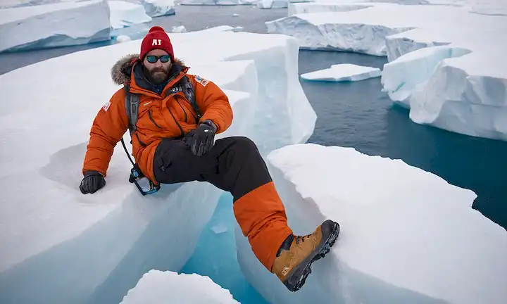 Vista aérea de la Antártida con un personaje superando retos, manteniendo el emblemático acrónimo de FP y abrazando la innovación a través del poder de una proteína que evita que el hielo se forme. (French for AFPS: A path for hope in a changing world of The Ice Fish: Arctic Adaptation and the Marvel of Anticaking Protein)