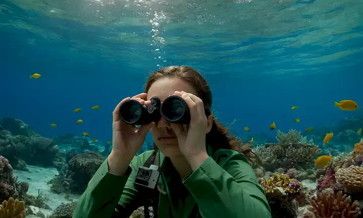 Persona bajo el agua, rodeada de vida marina de colores brillantes usando cámaras bajo el agua con binoculares encima para mejorar la vista. El título se refiere a un estudio científico sobre el hábitat y distribución de una gran especie de peces llamada Luna (o Luna) en varios océanos alrededor del mundo.